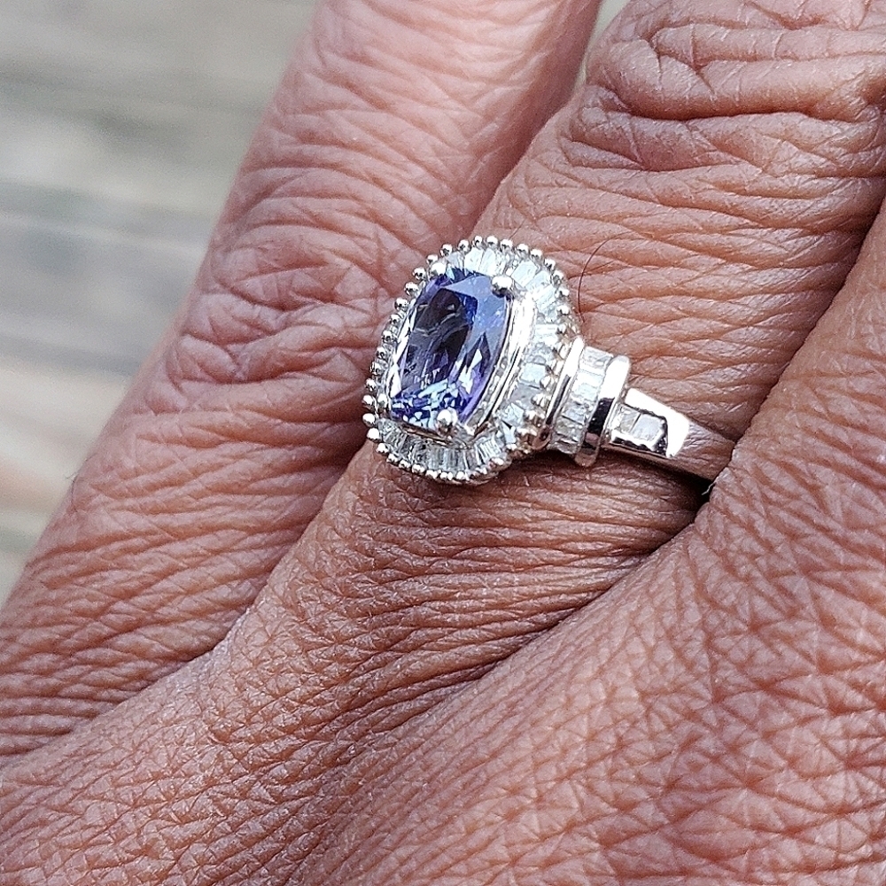 Tanzanite Diamond Halo Ring Platinum Over Sterling Silver - Picture 3 of 9
